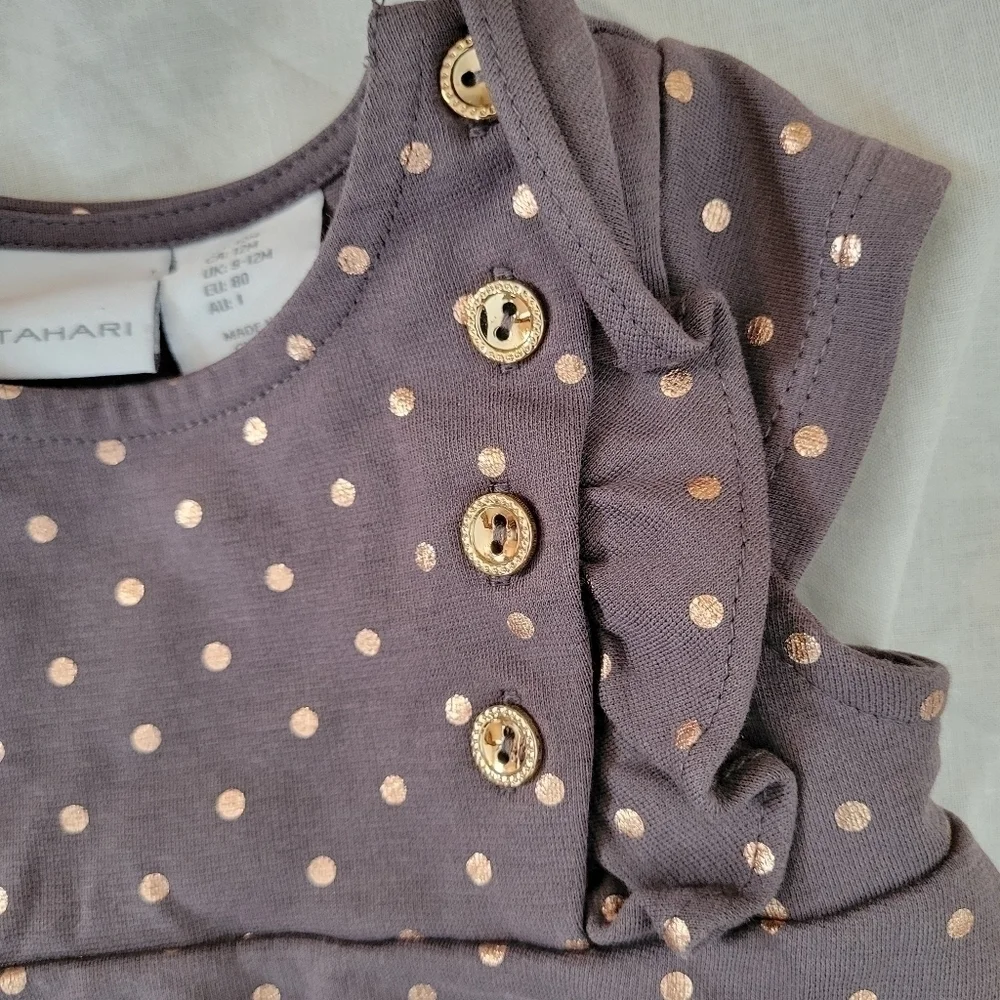Tahari grey/brown gold polkadot sleeveless flutter dress 12m